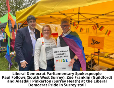 Paul Follows, Zoe Franklin & Alasdair Pinkerton at Pride in Surrey stall