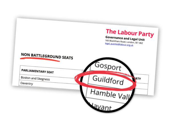 A document from Labour Party HQ showing 'non battleground seats'. Guildford is on the list.