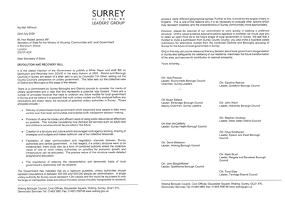 Surrey Leaders' letter re Single Surrey Unitary Authority