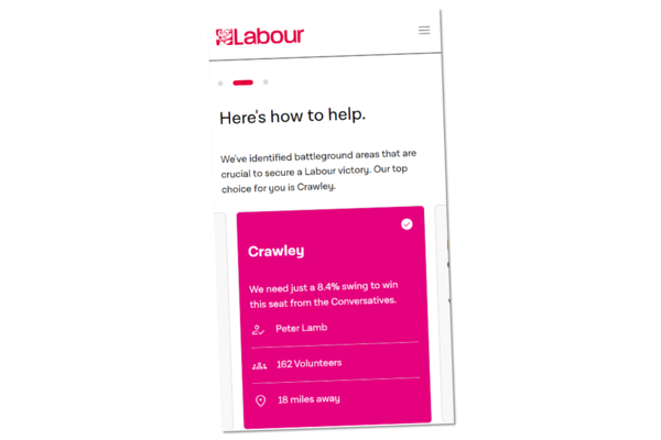 Screenshot of the Labour Party website instructing people to campaign in Crawley.