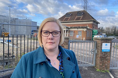 Zöe Franklin outside Ladymead sewage treatment works